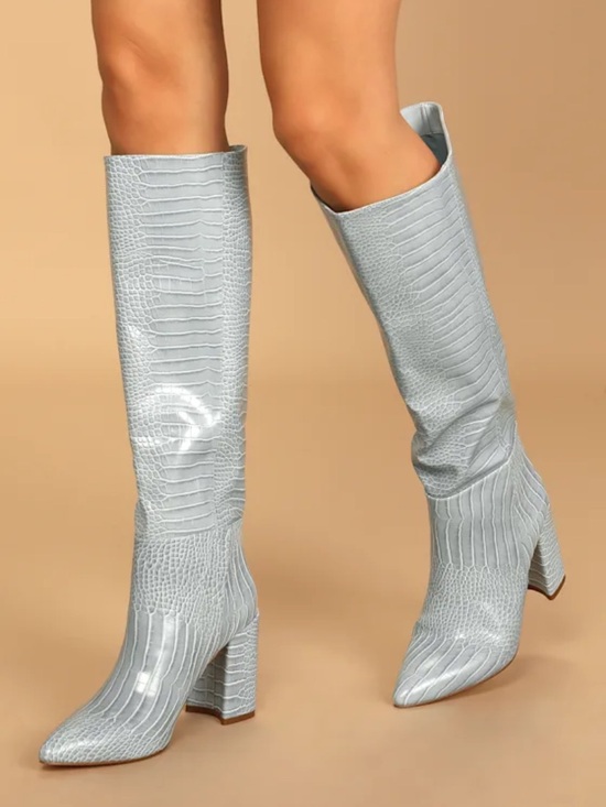 Lulus Shoes - Lulu's Katari Light Blue Croc-Embossed Pointed-Toe Knee Boots